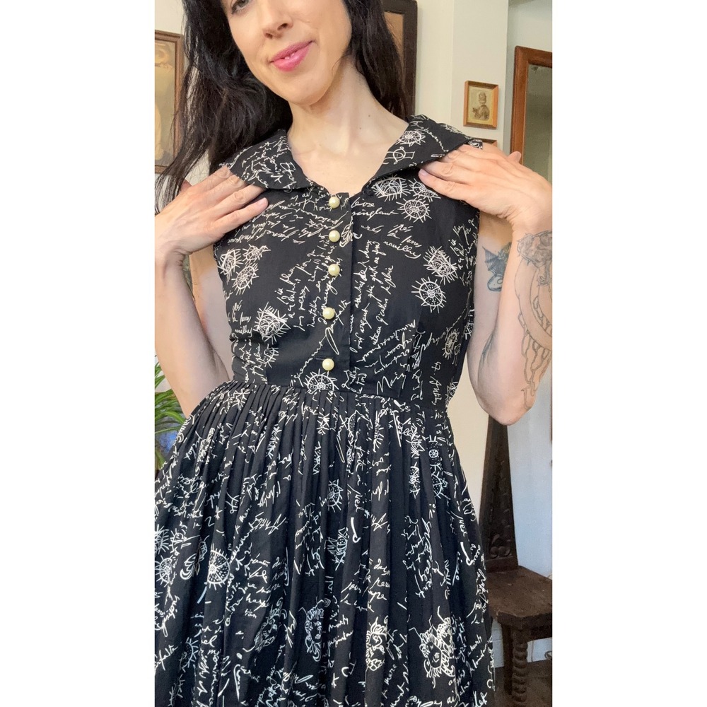 Vintage 50s 60s Black Script Odyssey mythology Print Fit Flare A line Dress - Picture 6 of 11